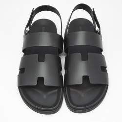 Pre Owned Hermes Black Leather Genius Flat Sandals Size 46