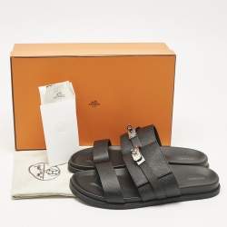 Pre Owned صندل جاكسون جلد مقلوب وجلدي لون أخضر داكن/أسود هيرمس مقاس 46