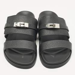 Pre Owned صندل جاكسون جلد مقلوب وجلدي لون أخضر داكن/أسود هيرمس مقاس 46