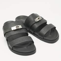 Pre Owned صندل جاكسون جلد مقلوب وجلدي لون أخضر داكن/أسود هيرمس مقاس 46