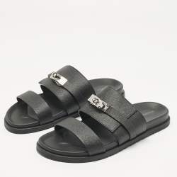 Pre Owned صندل جاكسون جلد مقلوب وجلدي لون أخضر داكن/أسود هيرمس مقاس 46