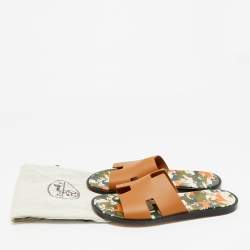 Pre Owned Hermes Brown Leather Izmir Flat Slides Size 42