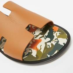 Pre Owned Hermes Brown Leather Izmir Flat Slides Size 42
