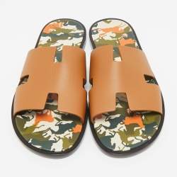 Pre Owned Hermes Brown Leather Izmir Flat Slides Size 42