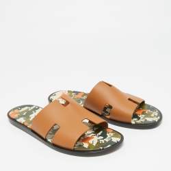 Pre Owned Hermes Brown Leather Izmir Flat Slides Size 42