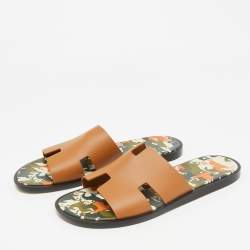 Pre Owned Hermes Brown Leather Izmir Flat Slides Size 42