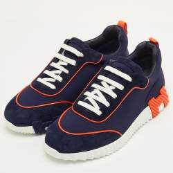 Pre Owned حذاء رياضي هيرمس بونسنج شبكي وزبدي أزرق مقاس 42