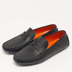 Pre Owned Hermès Size 40 Black Leather Logo Slip On Loafers