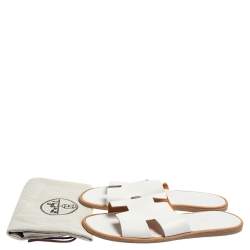 Hermes White Leather Izmir Flat Slides Size 43.5
