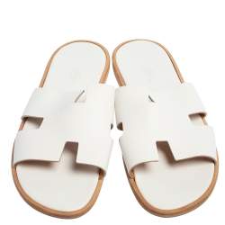 Hermes White Leather Izmir Flat Slides Size 43.5