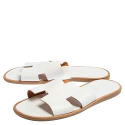 Hermes White Leather Izmir Flat Slides Size 43.5