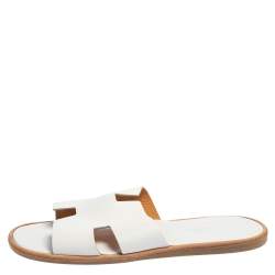 Hermes White Leather Izmir Flat Slides Size 43.5