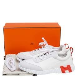 Hermes White Suede and Fabric Bouncing Sneakers Size 46