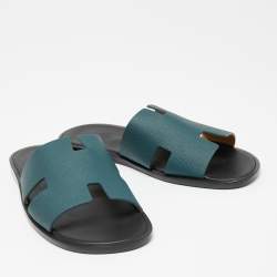 Hermes Green Leather Izmir Flat Slides Size 43