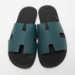 Hermes Green Leather Izmir Flat Slides Size 43