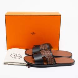Hermes Black/Brown Leather Izmir Flat Sandals Size 44