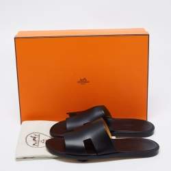 Hermes Black Leather Izmir Slide Sandals Size 40