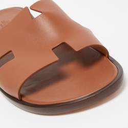 Hermes Brown Leather Izmir Slide Flats Size 47