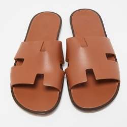 Hermes Brown Leather Izmir Slide Flats Size 47