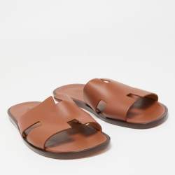 Hermes Brown Leather Izmir Slide Flats Size 47