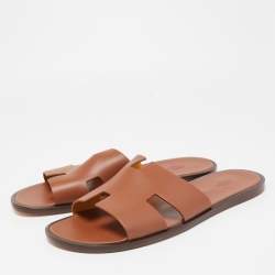 Hermes Brown Leather Izmir Slide Flats Size 47