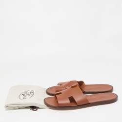 Hermes Brown Leather Izmir Slide Flats Size 47