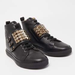 Hermes Black Leather Studded Lennox High Top Sneakers Size 43.5