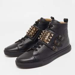 Hermes Black Leather Studded Lennox High Top Sneakers Size 43.5