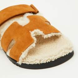Hermes Tan Suede and Shearling Fur Lined Chypre Sandals Size 41.5