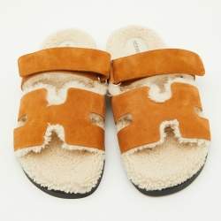 Hermes Tan Suede and Shearling Fur Lined Chypre Sandals Size 41.5