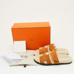 Hermes Tan Suede and Shearling Fur Lined Chypre Sandals Size 41.5