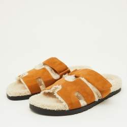 Hermes Tan Suede and Shearling Fur Lined Chypre Sandals Size 41.5