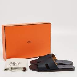Hermes Navy Blue Leather Izmir Slides Size 42.5 