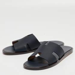 Hermes Navy Blue Leather Izmir Slides Size 42.5 