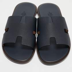 Hermes Navy Blue Leather Izmir Slides Size 42.5 