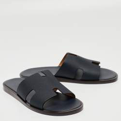 Hermes Navy Blue Leather Izmir Slides Size 42.5 