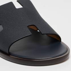 Hermes Navy Blue Leather Izmir Slides Size 42.5 