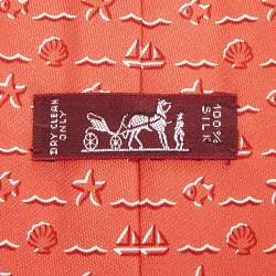 Pre Owned Hermes Orange Nautical Seashell Print Silk Classic Tie