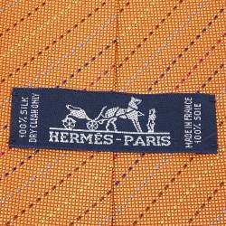 Pre Owned Hermes Orange Diagonal Stripe Pattern Silk Classic Tie
