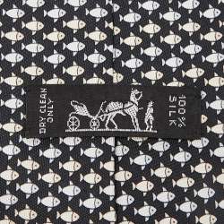 Pre Owned Hermes Black Fish Print Silk Traditional Tie