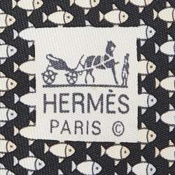 Pre Owned Hermes Black Fish Print Silk Traditional Tie