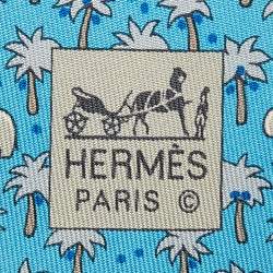 Pre Owned Hermès Blue Palm Trees & Elephant Print Silk Traditional Tie