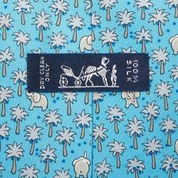 Pre Owned Hermès Blue Palm Trees & Elephant Print Silk Traditional Tie
