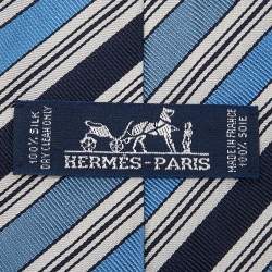 Pre Owned Hermès Blue Diagonal Stripe Pattern Silk Classic Tie