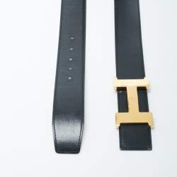 Pre Owned Hermes Noir/Natural Chamonix and Swift Leather Constance Reversible Belt 90 CM