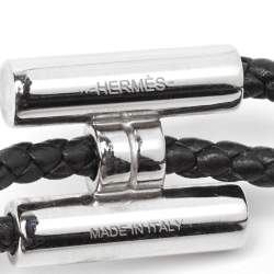 Pre Owned Hermès Tournis Tresse-Black Leather Palladium Plated Bracelet