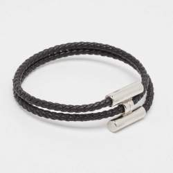 Pre Owned Hermès Tournis Tresse-Black Leather Palladium Plated Bracelet