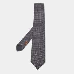 Pre Owned Hermes Navy Blue H Pattern Silk Tie