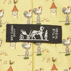 Pre Owned Hermes Yellow Rooster Print Silk Tie