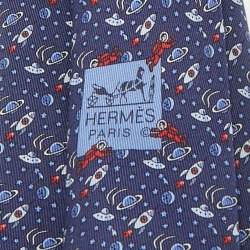 Pre Owned Hermes Navy Blue Space Print Silk Tie